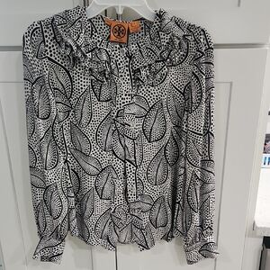 Tory Burch Black and White Ruffled Long Sleeve Blouse